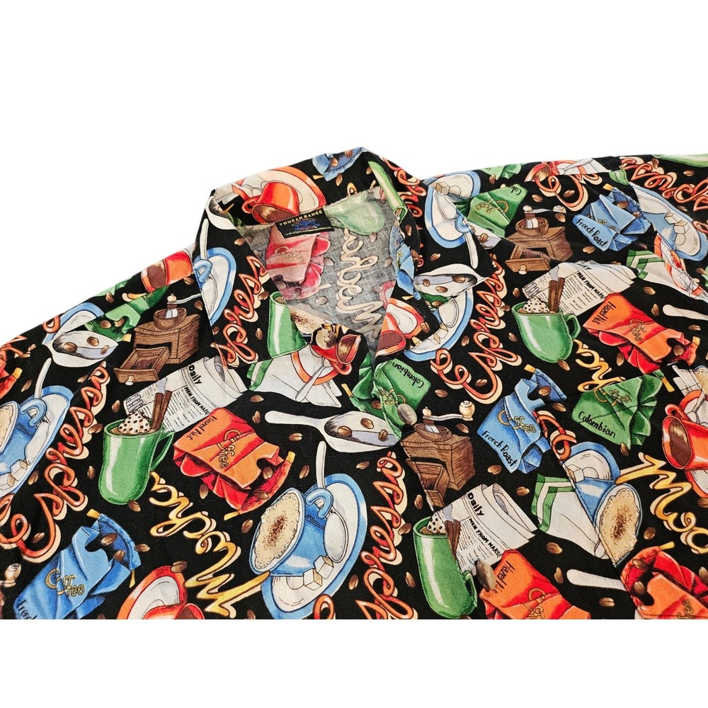 Toucan Dance Coffee Espresso Print Shirt Mens XL Black Excellent Short Sleeve
